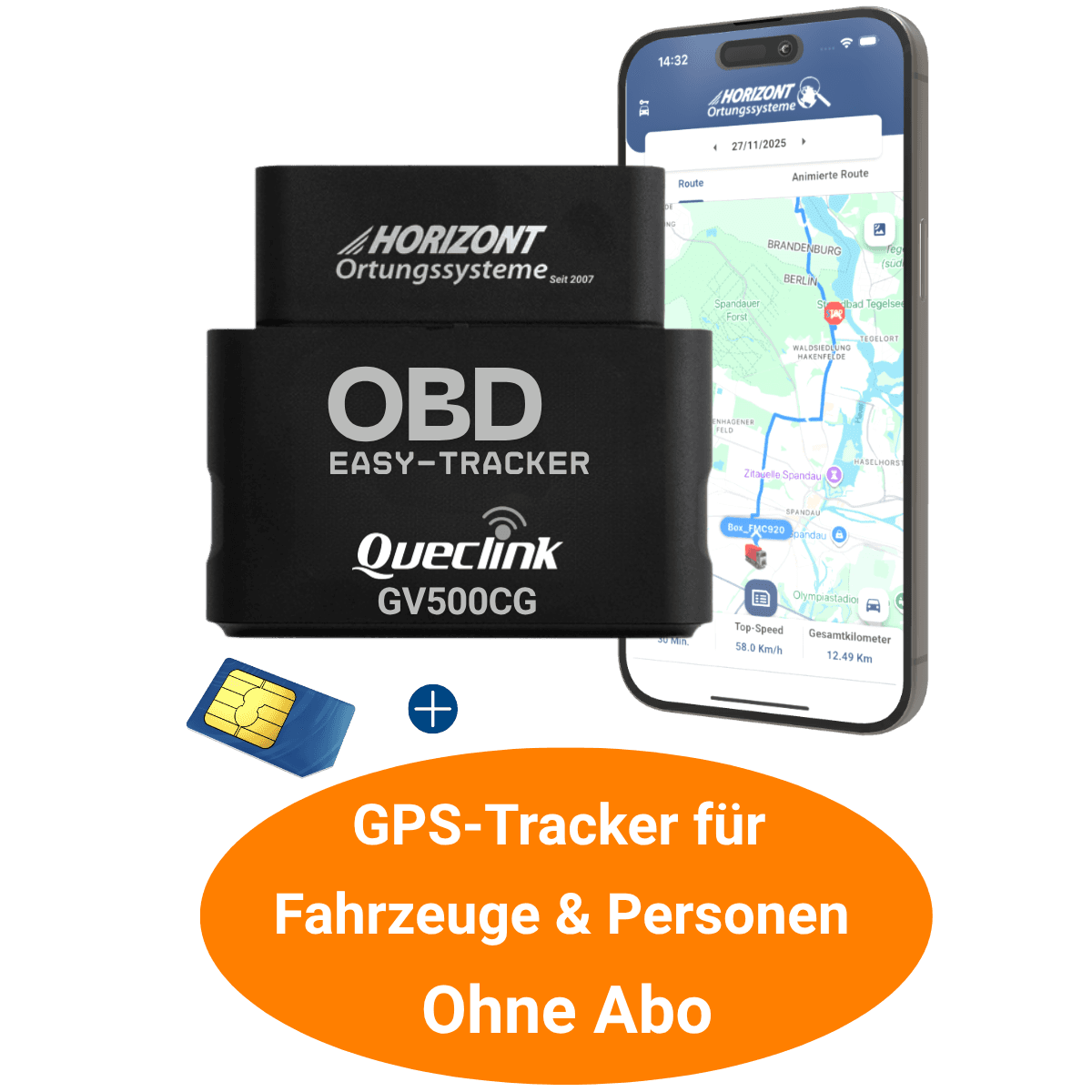 OBD GPS Tracker ohne Abo | ink.12 Monate Lizenz | 4G LTE Plug & Play | Queclink GV500CG - GPS Tracker für Fahrzeuge